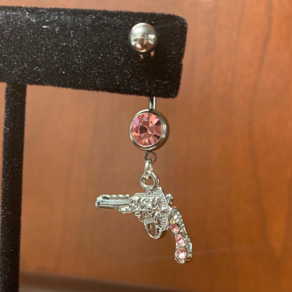 Pink Rhinestone Silver Pistol Belly Navel Ring